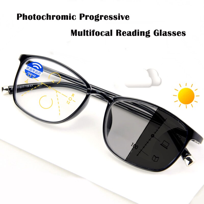 Ultralichte progressieve meekleurende multifocale leesbril voor heren, helder, anti-blauw licht, uv-bescherming, geschikt voor mensen met presbyopie, flexibel.