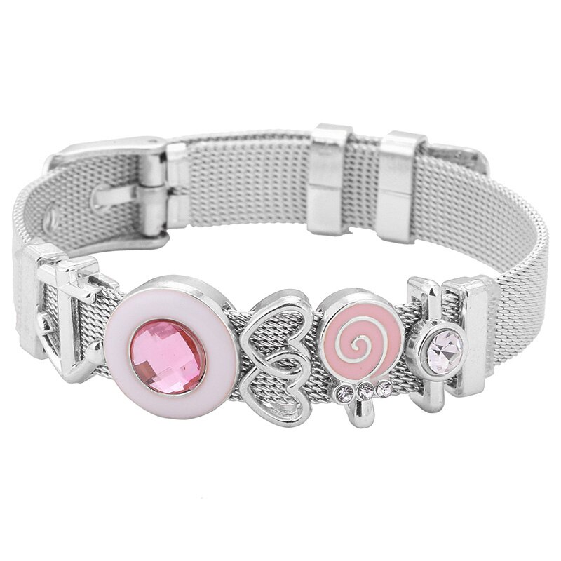 Baopon roze lolly schuifbedelarmband voor dames en kinderen, roestvrij staal, hart-tot-hart mesh armband, armbanden, sieraden: Zilveren kleur