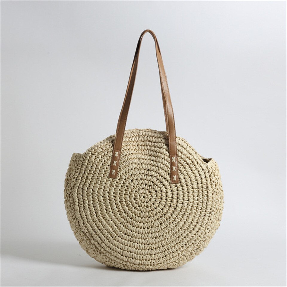 Round Ladies Straw Woven Bag Simple Shoulder Bag Beach Bag Large Capacity Handbag Women Bags Casual Tote Zipper: Beige