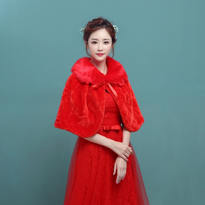 pas cher hiver grande taille fausse fourrure blanc rouge laine boléro ruban mariage Wrap châle mariée veste manteau accessoires