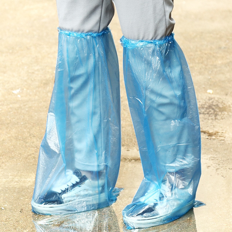 Chaussures jetables bleues, couvre-chaussures longues en plastique, couvre-bottes, transparentes, imperméables et antidérapantes