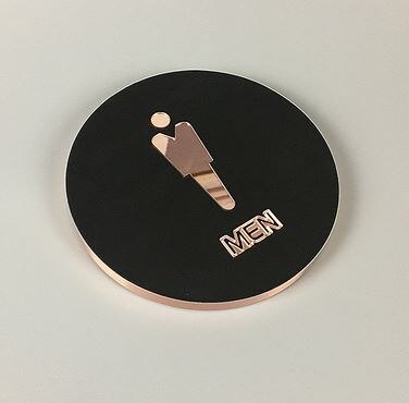 Letrero de baño para hombres y mujeres, letreros de baño (baño), Círculo de 16cm de diámetro, pegar en el cristal, pared, puerta, oro rosa y negro: men