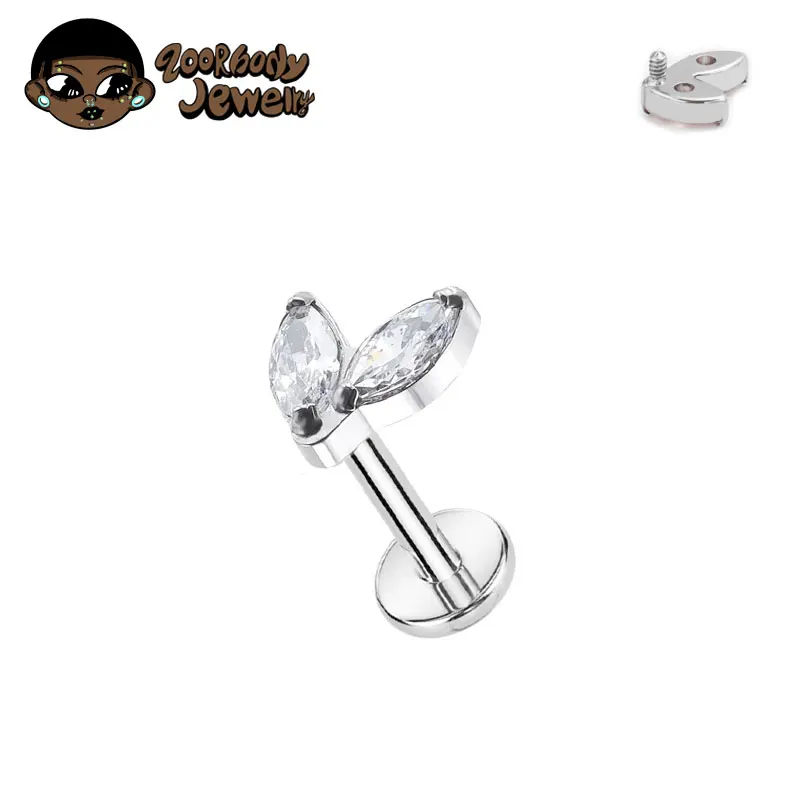 ASTM F136 Piercing de titanio individual pequeño Marquesa CZ rosca interna parte posterior plana Labret Helix Tragus Piercing Labret perforado: Rosa / Color amarillo dorado claro