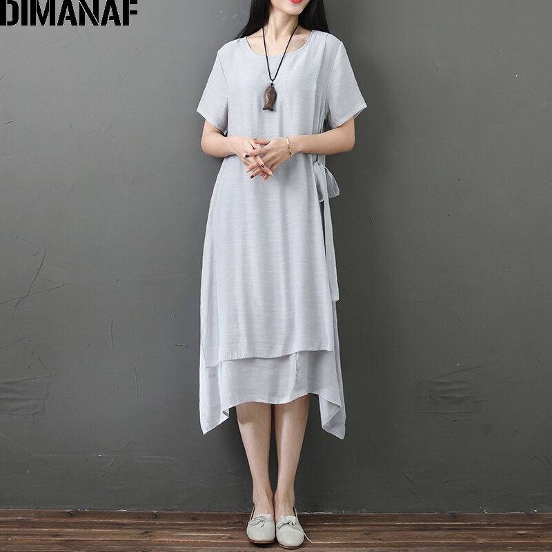 DIMANAF-vestido MIDI holgado informal de algodón y lino para verano, traje holgado Estilo Vintage para mujer, talla grande,: Wo9033-hui / XL