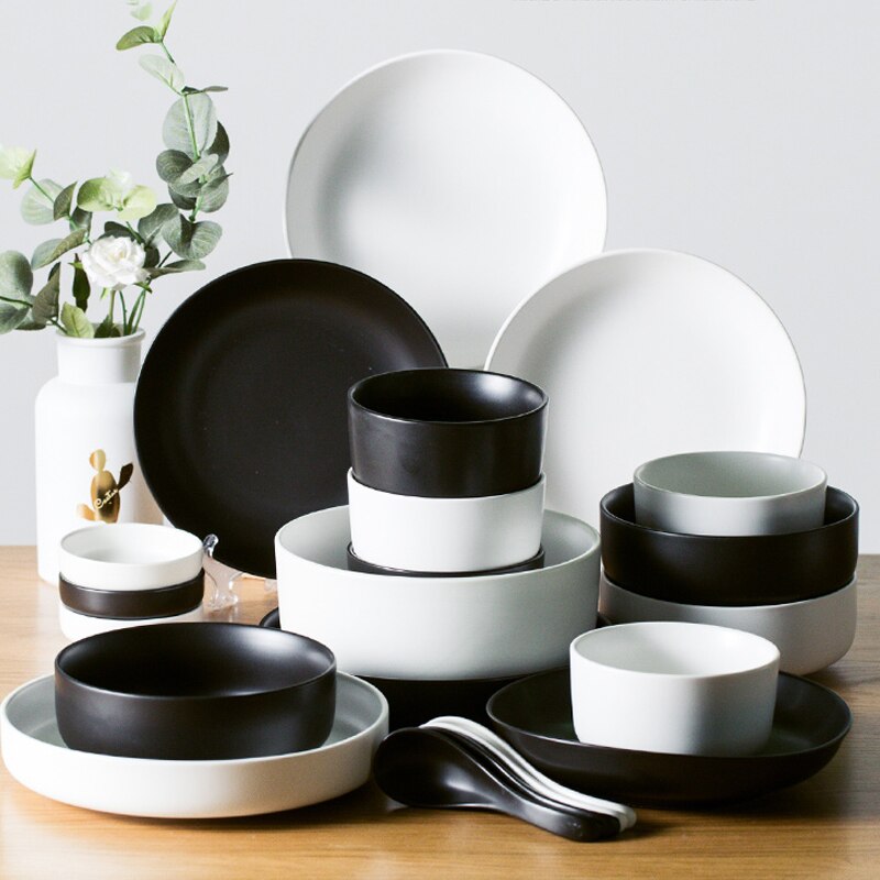Ceramic Plates with Bowls Set Porcelain Dinnerware Round Dishes and Soup Bowls
