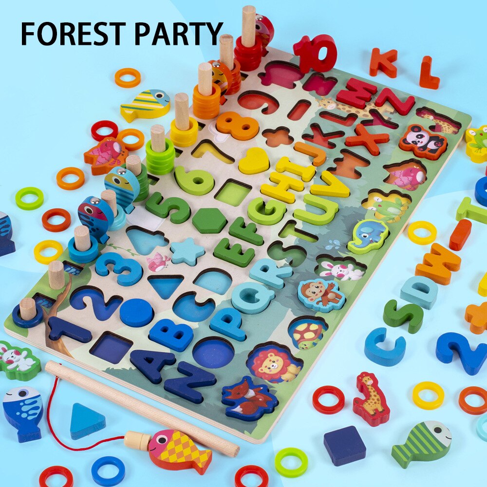 Puzzle in legno forma Sorter Board conteggio anelli impilabili pesca magnetica educazione precoce giocattoli di apprendimento per bambini di 3-6 anni: Forest party