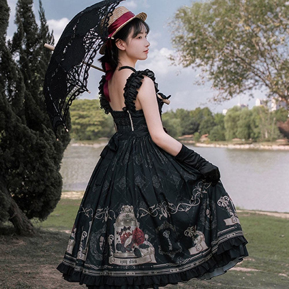 Lolita JSK Vestito usignolo Jsk Gotico Nero Scuro Vintage ▾ Vittoriano Principessa Vestiti Da Partito Straped Senza Maniche Abiti AFC618