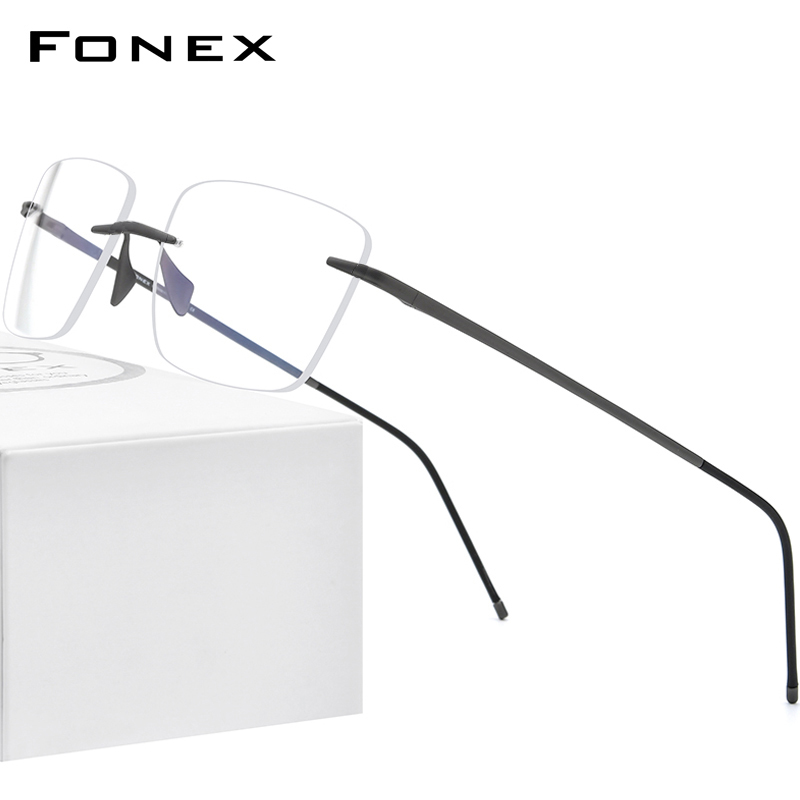 Fonex pure titanium bril heren dames randloos op sterkte vierkante bril montuurloos bijziendheid optisch montuur bril 8557: Grijs