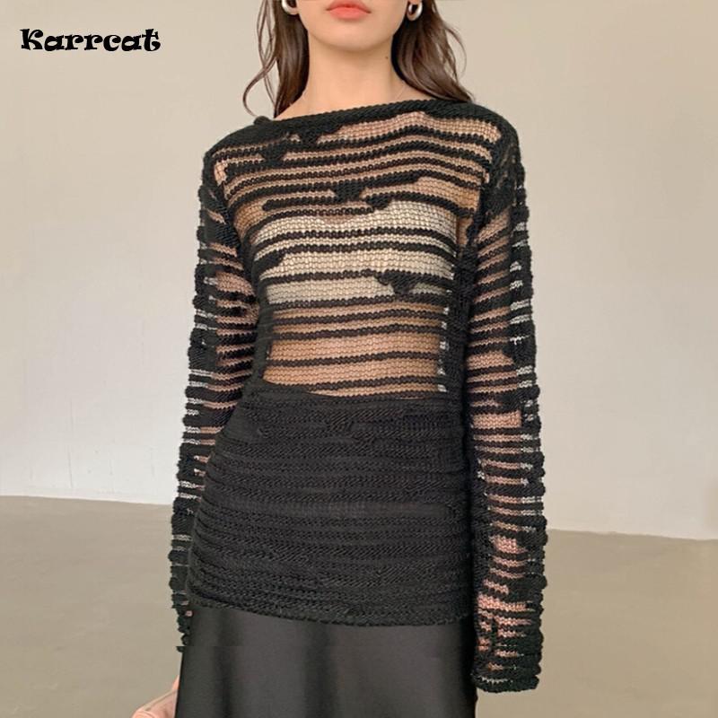 Karrcat gotisk uthulet genser grunge broderi strikket genser mørk estetisk gjennomsiktig genser koreansk streetwear: S