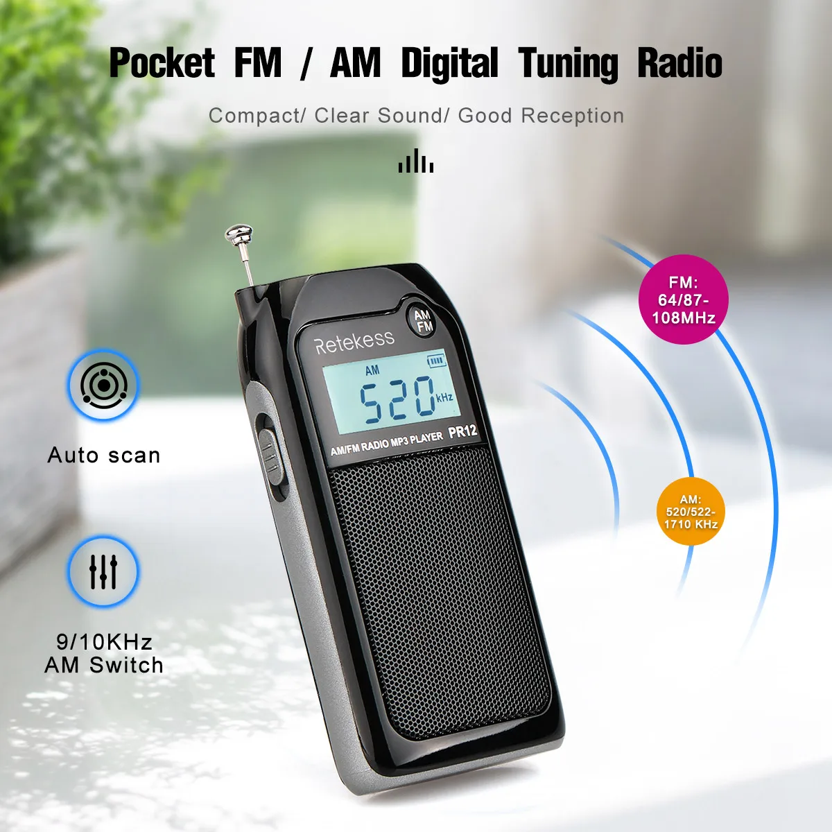 RETEKESS PR12 Radio FM AM Mini Pocket USB Radio MP3 Tragbarer Empfänger Hintergrundbeleuchtetes Display Digitale Stereo-Unterstützung TF-Karte für ältere Menschen