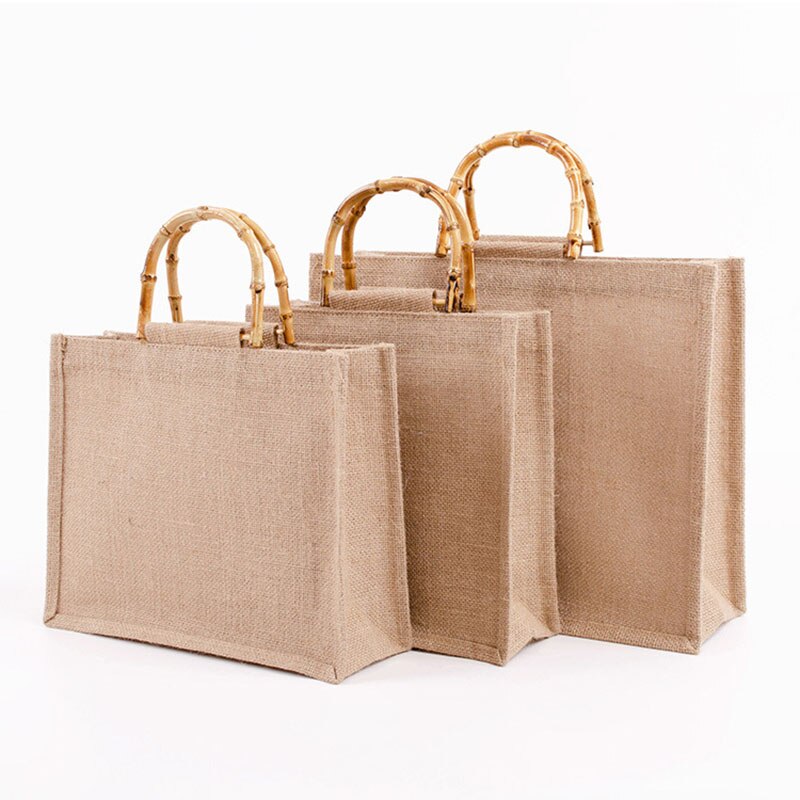 Draagbare Jute Boodschappentas Waterdichte Jute Handtas Met Bamboe Lus Handgrepen Tote Hoge Capaciteit Unisex Vintage Boodschappentassen