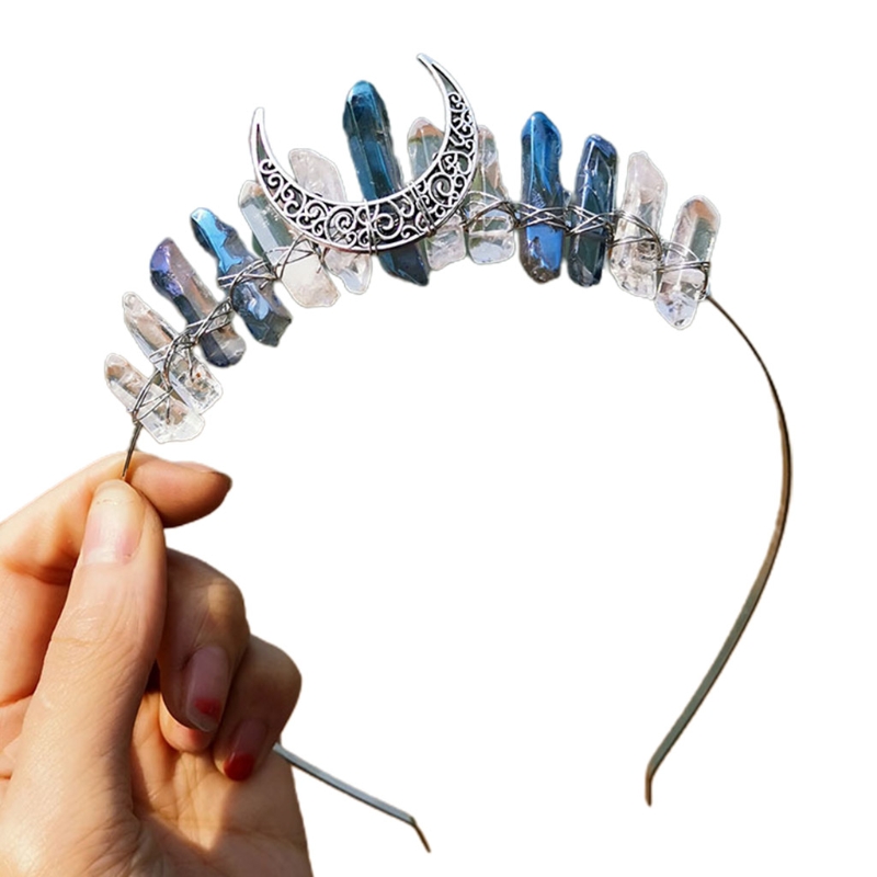 Handmade Faux Raw Crystal Headband Quartz Black Moon Bridal Alloy Tiara Crown Ladies Wedding Party Bridal Jewely Headdress