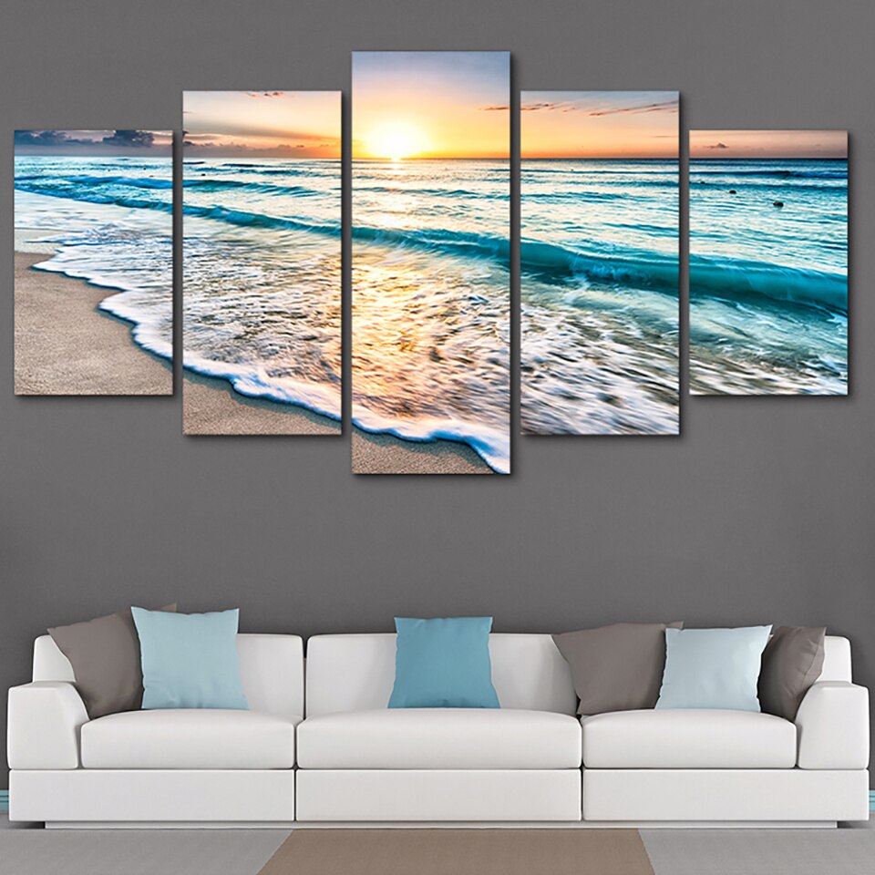 Tableau Wall Art HD Stampa Dipinti Manifesti Modulare Quadri Su Tela 5 Pannello Onde Sulla Spiaggia Al Tramonto Paesaggio Marino Decorazioni Per La Casa moderno