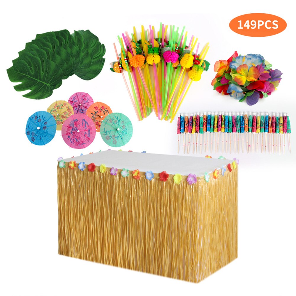 109/149pcs Table Skirt Raffia Style Fringe Party Decoration Kit for Tiki Tropical Hawaii or Moana Themed Birthday JS22: Rice Table Skirt 149