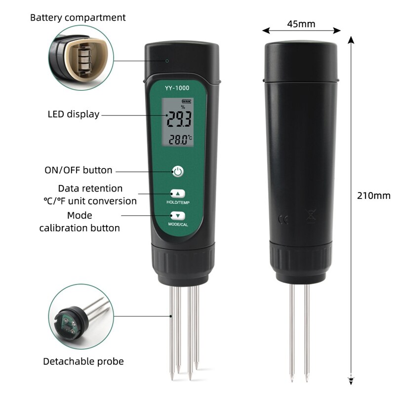 ABSF 3 in 1 Digital Soil EC Moisture Temperature Meter Humidity Tester LED Display Remove Probes Test Analyzer