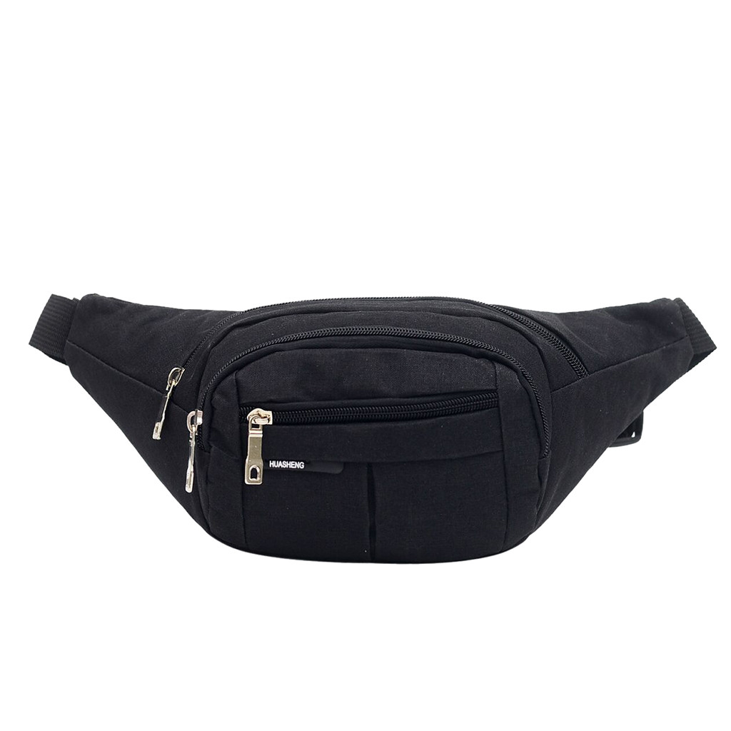 women men waist bag fanny pack Outdoor dual pocket running belt Functional solid zipper Crossbody Bag Chest Phone purse nerka: Black