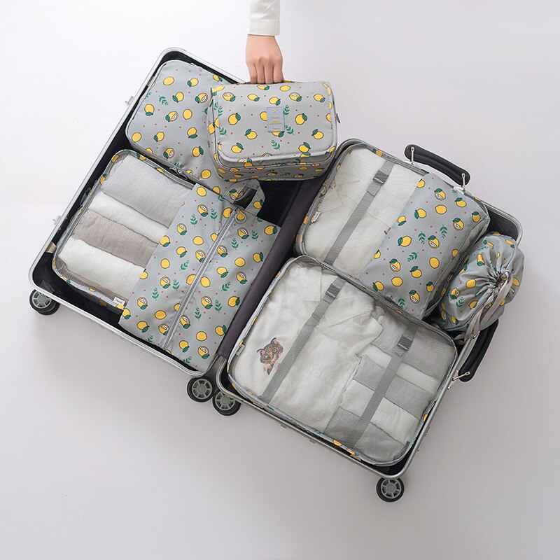 8Pcs/set Large Capacity Luggage Travel Bag Clothes Underwear Cosmetic Storage Bag Baggage Packing Suit Organizer Wash Bags: gray lemon