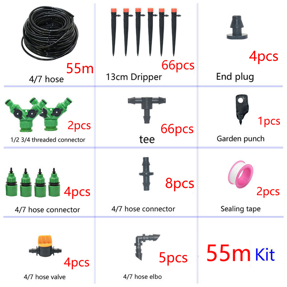 1/4" Hose Drip Irrigation System 360 Degree Adjustable 8 Hole Sprinkler Kit Garden Watering Inserting Ground Micro Flow Dripper: 55M