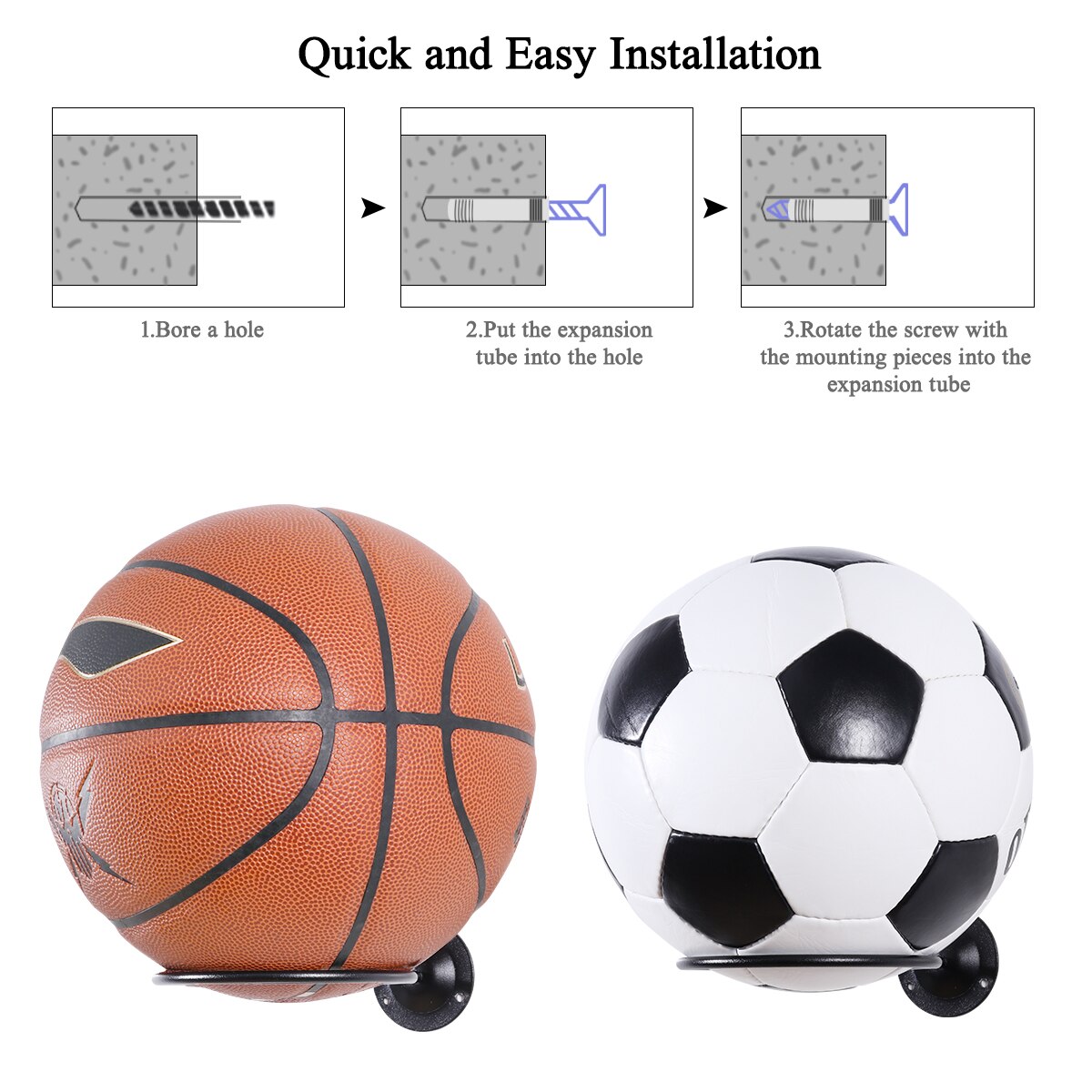 2PCS Ball Holders Display Racks Bracket For Basketball Soccer Football Volleyball Ball Wall-Mounted Ball Holder+Screw +Bracket