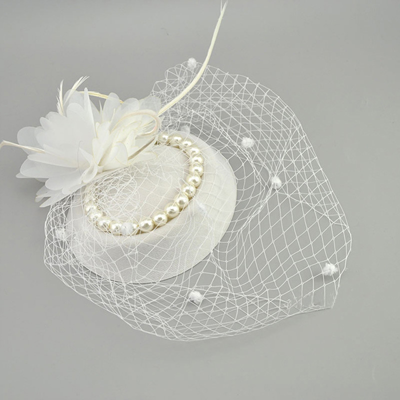 E JUE SHUNG Vintage Birdcage Net Bridal Hats With Feather Pearl Women Fascinator Face Veils Wedding Hats Wedding Accessories: white