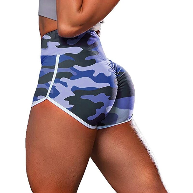 Top dames camouflage workout shorts gym yoga shorts dames elastische hoge taille fitness sport casual short blauw l: Default Title