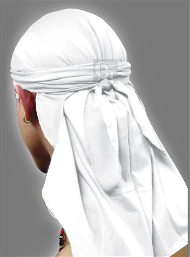 Men cap Spandex King's Durag Biker Head Wrap Skullcap Bandanna Doo Rag: White