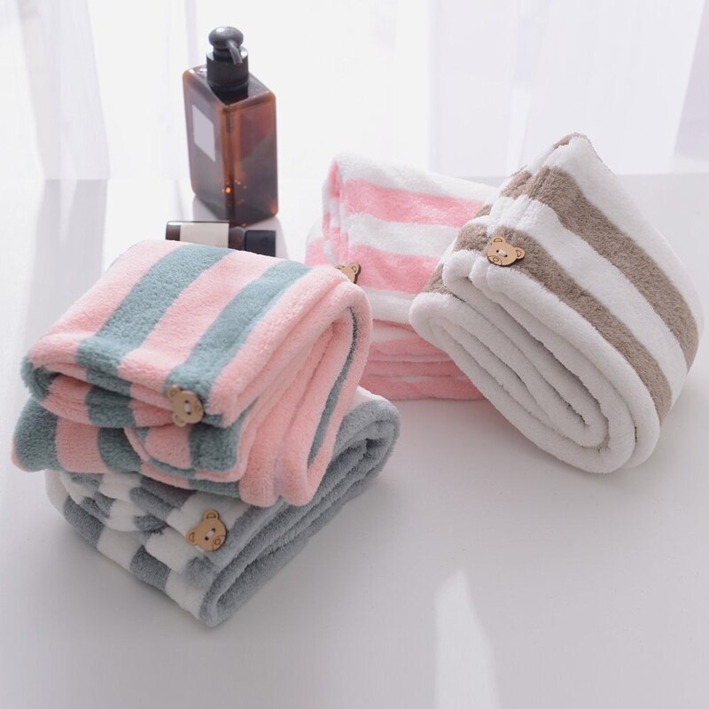 Droog Haar Super Absorberende Haardrooginrichtingen Hoed Snel Droog Gestreepte Douche Haar Tulband Coral Fleece Haar Handdoek Voor Drogen Krullend lange