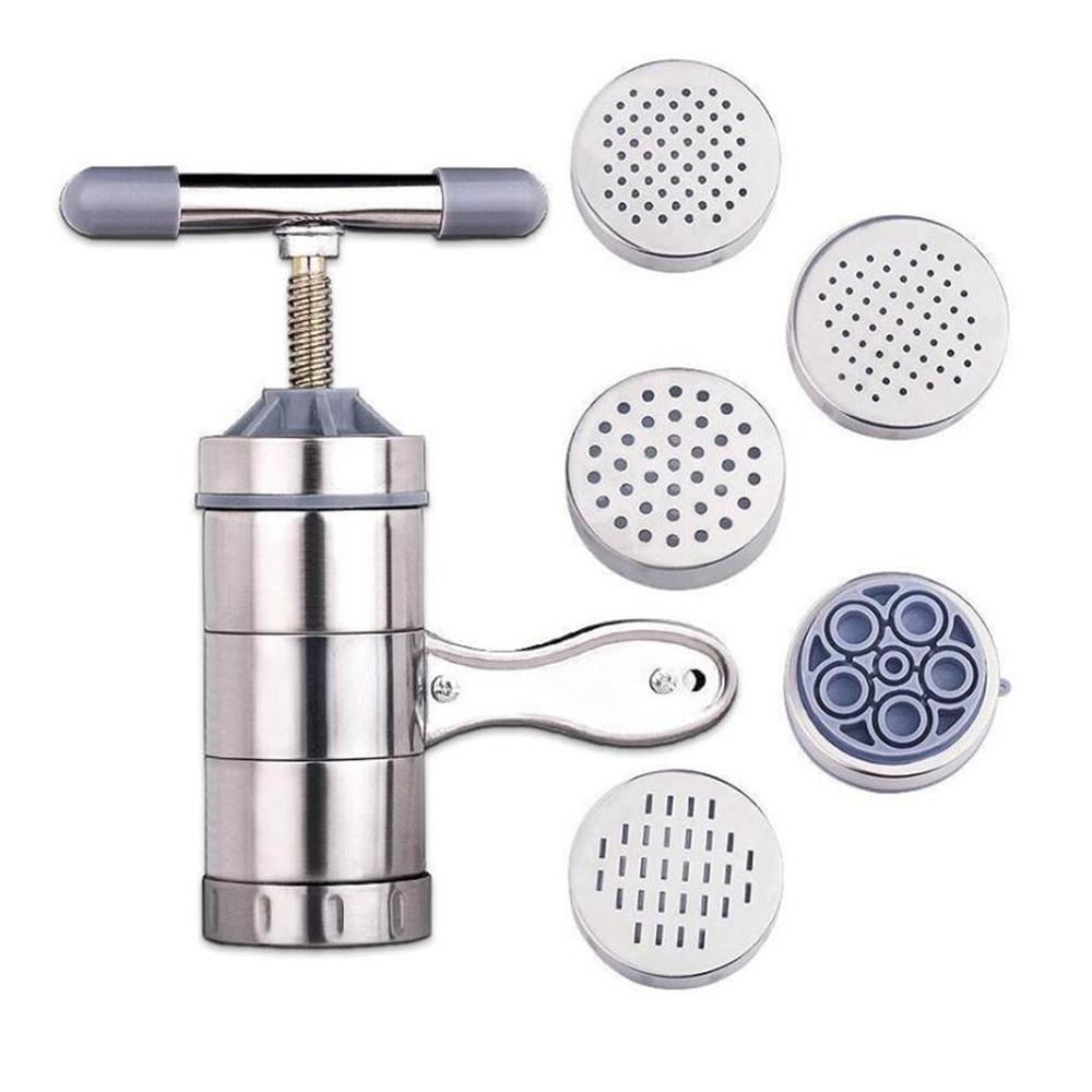 De acero inoxidable Manual de Fabricante de fideos prensa máquina de Pasta máquina de manivela de utensilios de cocina haciendo espaguetis cocina accesorios de utensilios para cocina: with 5 molds
