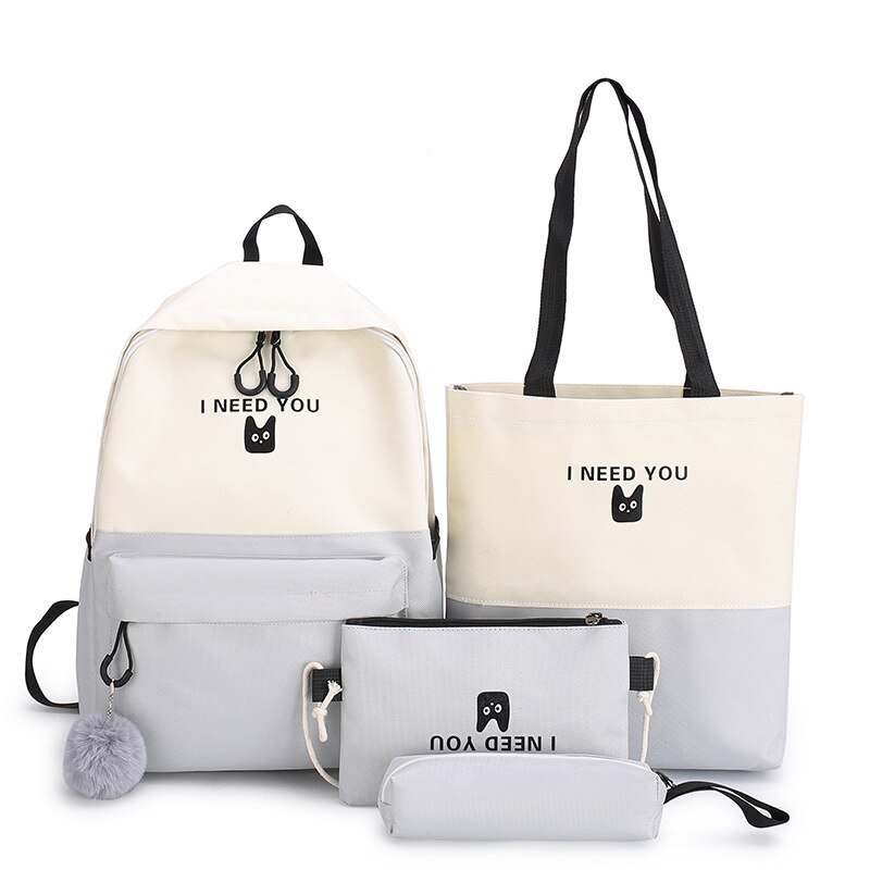 4 Pcs/set School Bags for Teenage Girls Anti Theft Travel Backpack Laptop Bagpack Rucksack Women College Student Backbag Mochila: Grey