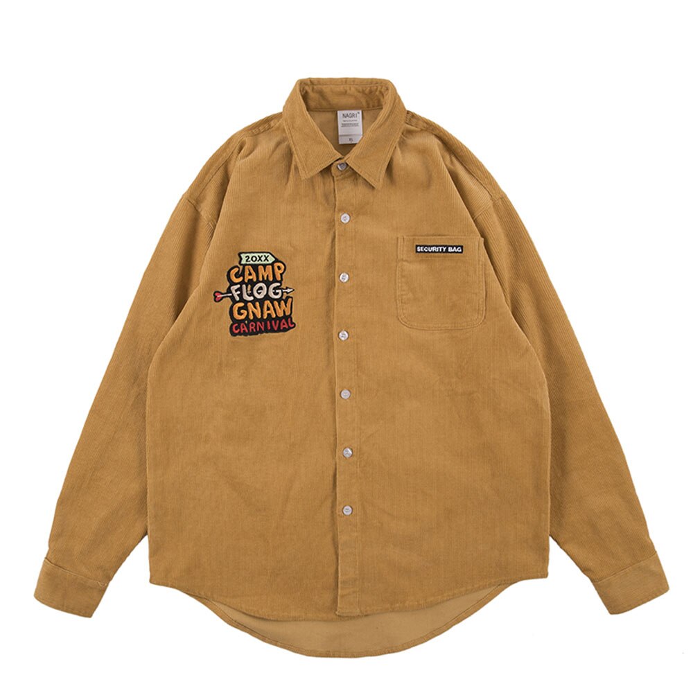 Camisa lisa de manga larga para hombre, Bordado de letras de pana Vintage Preppy de gran tamaño, camisas informales de algodón de estilo coreano