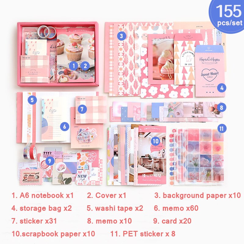 2022 Journal Diary Notebook Set 155pcs Retro Scrapbooking Sticker A6 Planner DIY Material Paper Girlfriend: C set