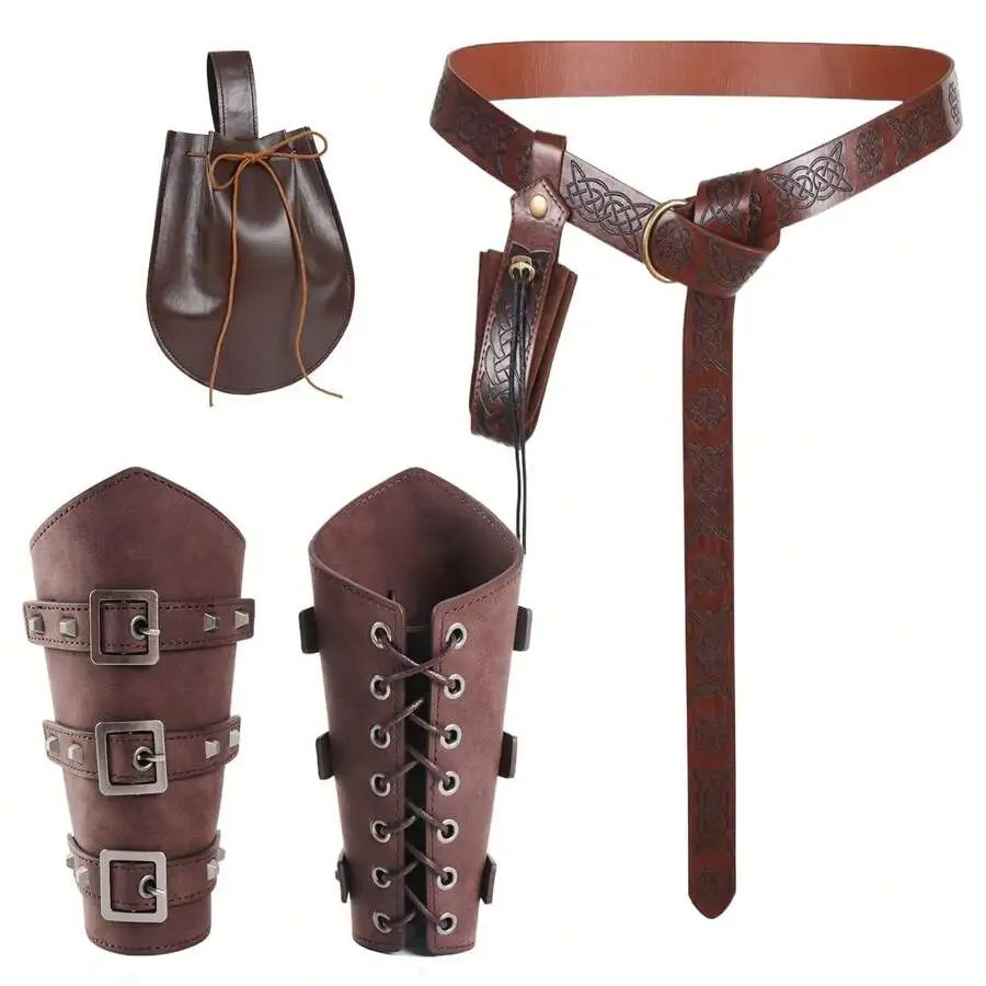 Cinto medieval retro renascentista cavaleiro, guardas de pulso e protetores de braço, cosplay Halloween traje acessórios conjunto para LARP, pacote 5: MULTI