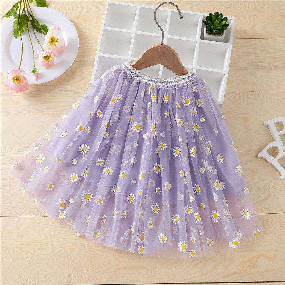 1-6T Baby Meisje Leuke 3-Layer Tutu Rok Romantische Zoete Peuter Daisy Print Elastische Taille Midi tule Prinses Rok Paars Roze