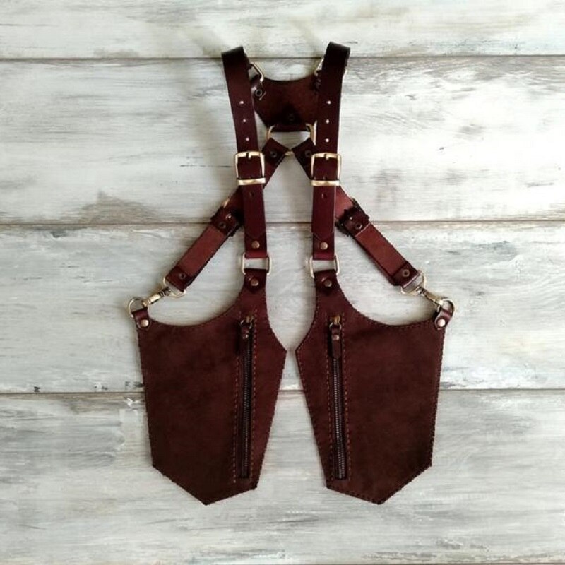 Bandolera de cuero Vintage Steampunk para hombre, cartera con funda para teléfono, dos bolsillos, para Festival, Viking, disfraz de pirata