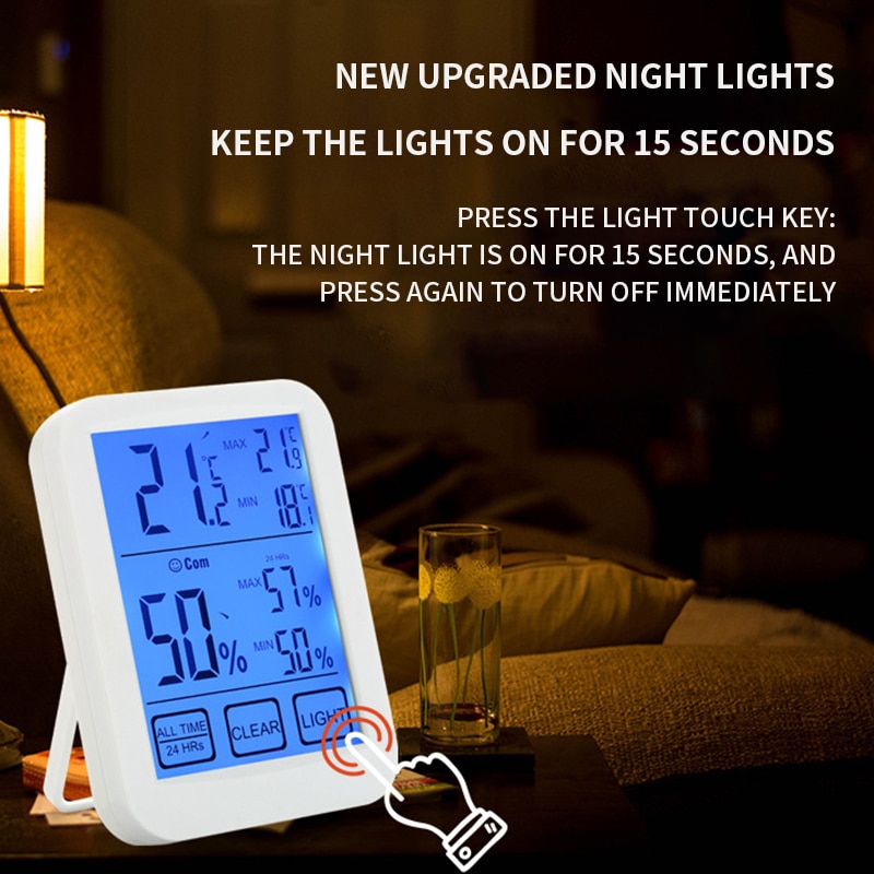 Digital Thermometer Hygrometer Touch Screen Temperature Humidity Meter Monitor Max Min Record for Indoor Home AAA Battery