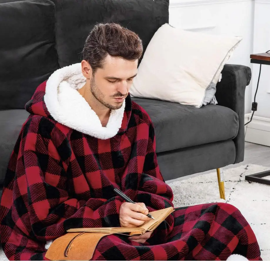 Lange winterdeken met mouwen Pluche fleece Draagbare bankdeken met capuchon Volwassen zachte warme flanel TV-dekens Oversized hoodie