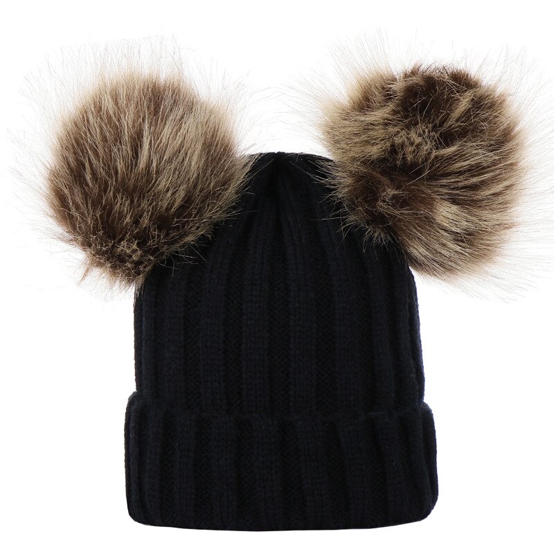 Winter warme baby muts met bont, dubbele pompon, gebreide baby meisjes jongens muts, peuter kindermuts, muts voor kinderen, kindermutsen, mutsen: 1