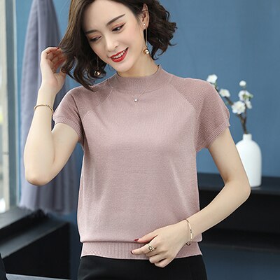 Halv rullekrave dame sweater tynd sommer strikket elastik korte ærmer udhulet kvinde tøj sweater dame pullovere: Lyserød