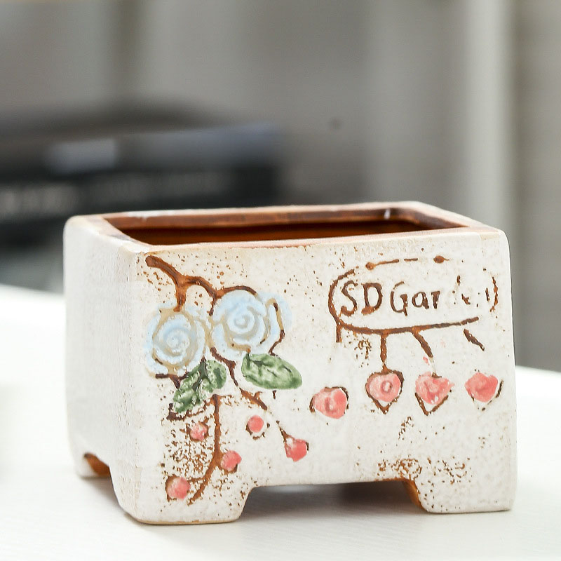 Strongwell Ademend Relief Handgeschilderde Bloempot Rechthoekige Keramische Planter Home Office Decoratie Succulent Bloempotten: 2