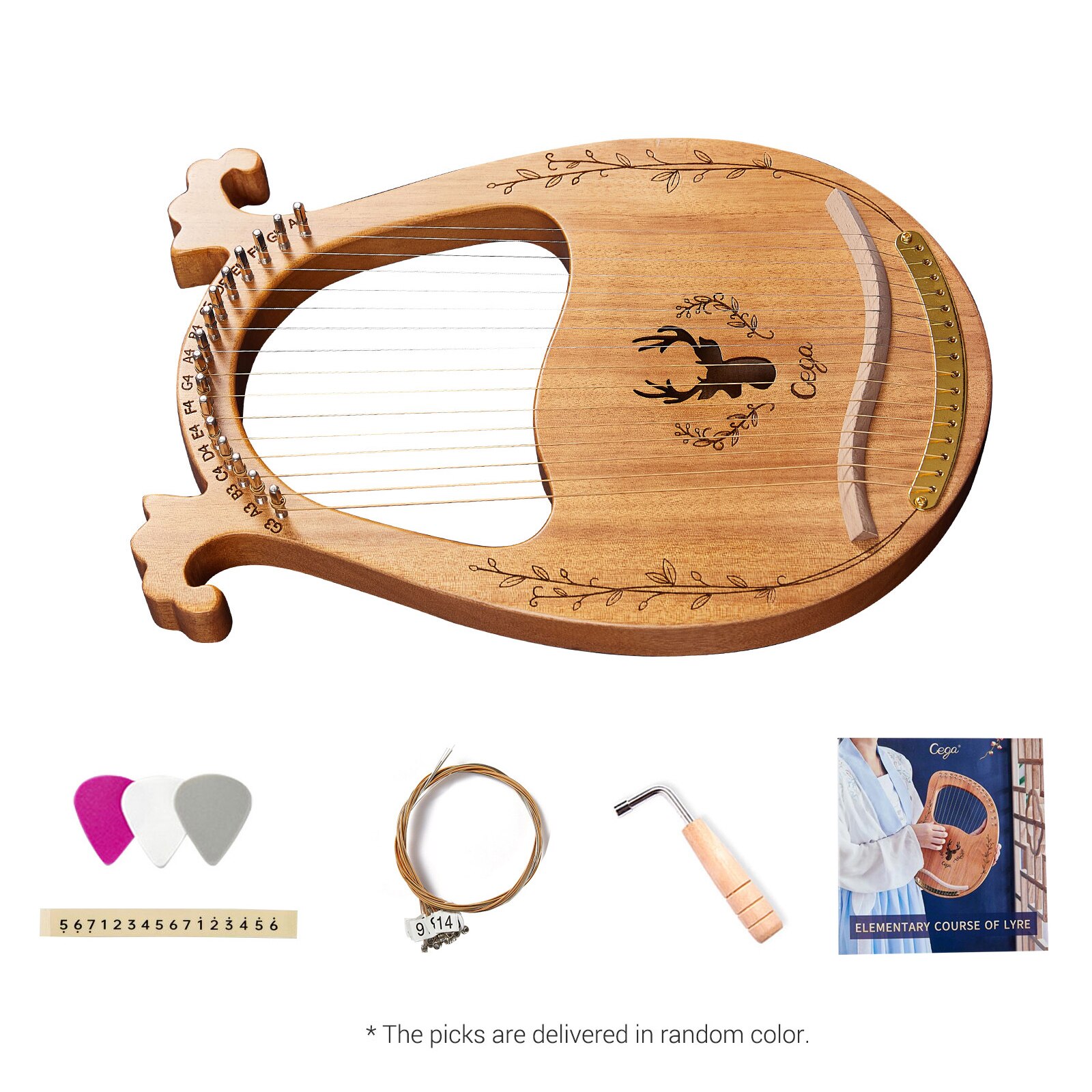 16-String Wooden Lyre Harp Resonance Box String Instrument with Tuning Wrench 3pcs Picks Sticker Extra Set of Strings