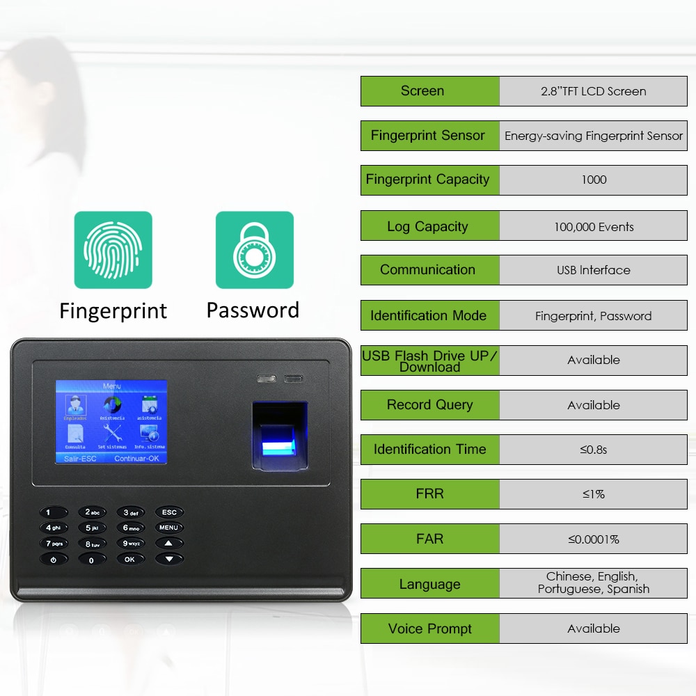 Biometric Fingerprint Attendance Machine 2.8" Display USB Fingerprint Attendance System Time Clock Employee Checking-in Recorder