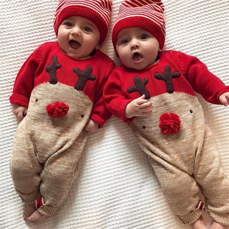 2 pièces -né bébé barboteuse bébé fille garçon noël renne vêtements combinaisons automne hiver à manches longues barboteuses + chapeau