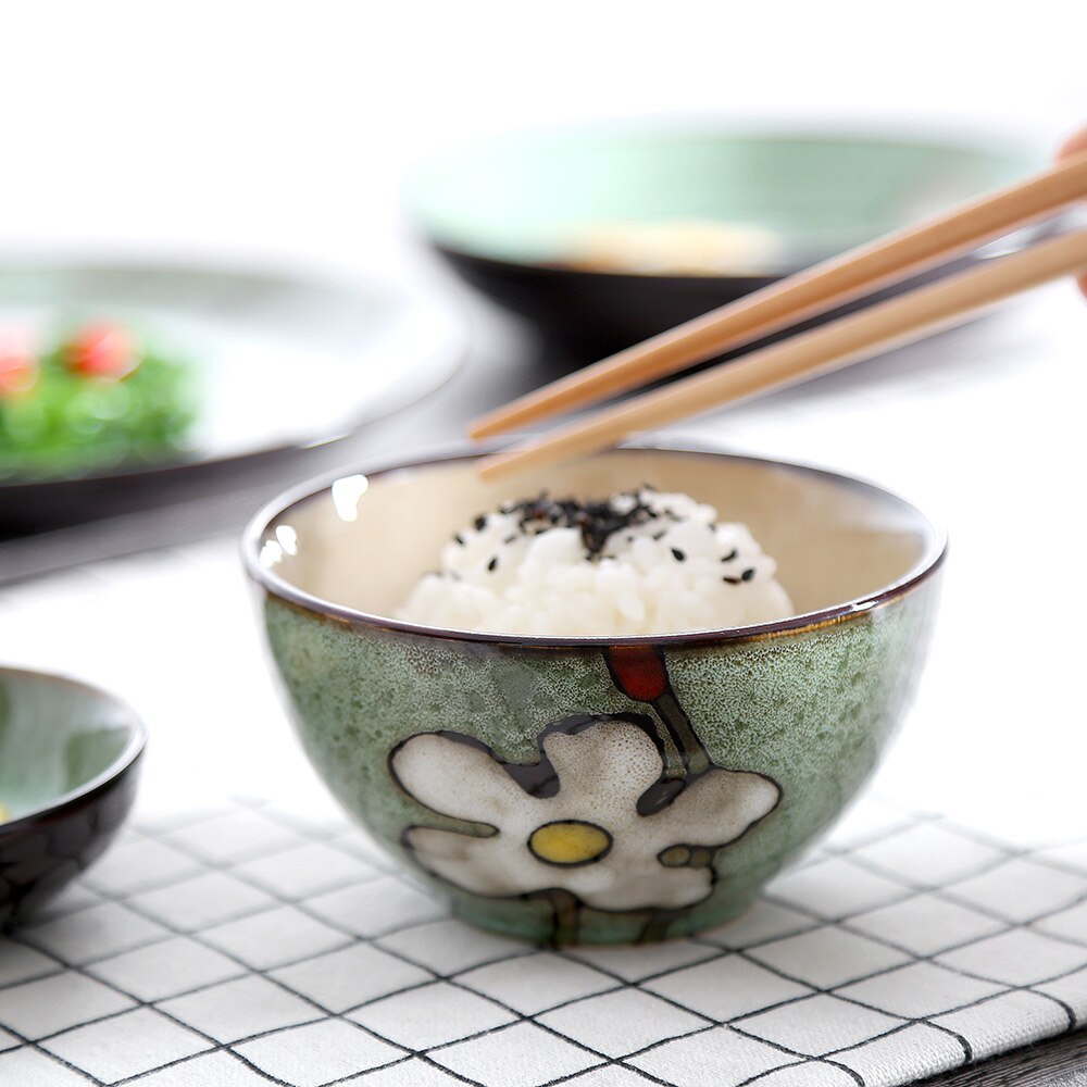 Kiln Glaze Japanese Ceramic Tableware Home Use Crockery Salad Bowl Spoon Steak Plate Set Dishes Hand Painted Floral Pattern