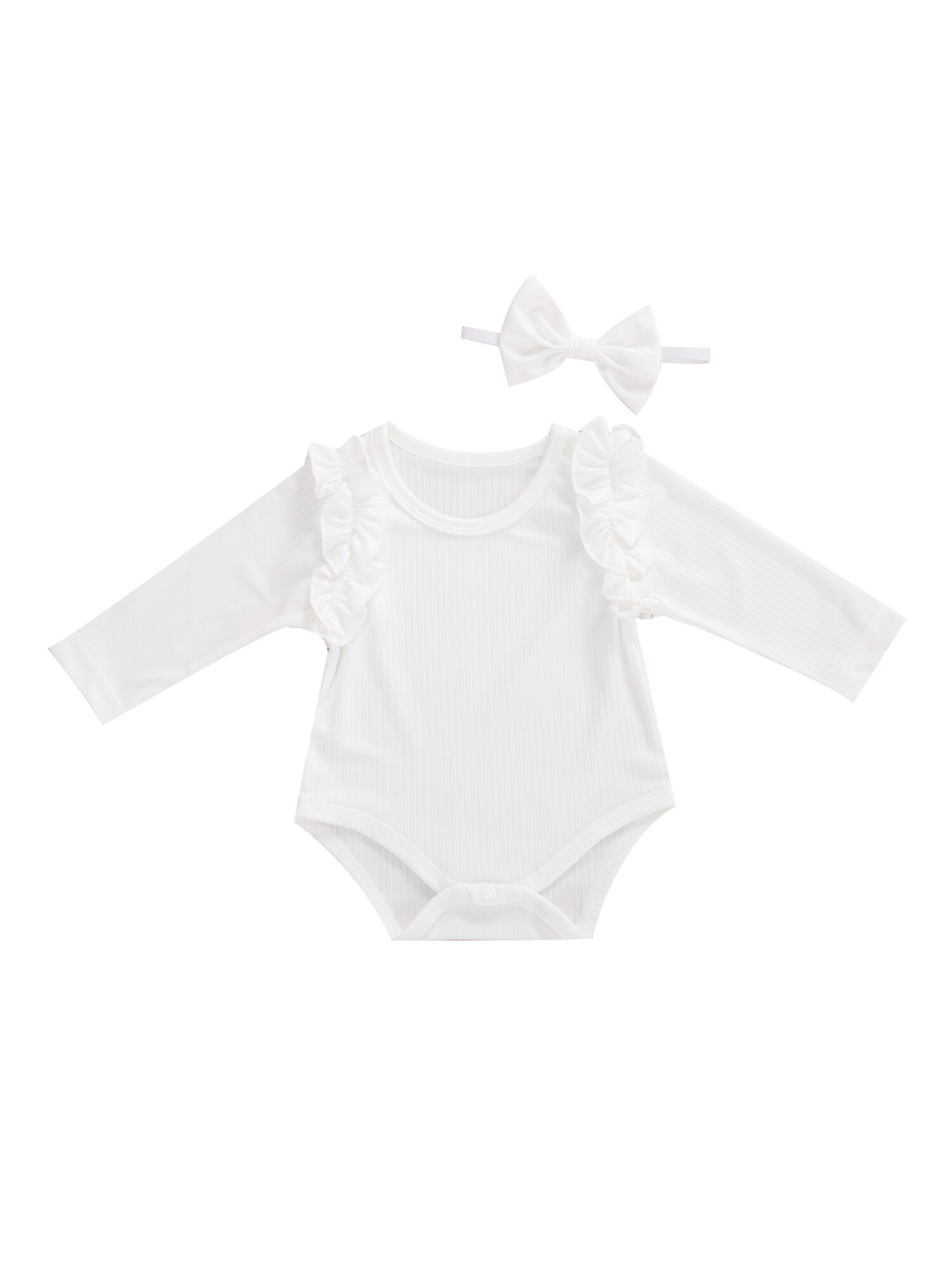 Imcute 5 couleurs automne bébé barboteuse avec bandeau couleur unie col rond à manches longues combinaison et chapeaux pour filles garçons: WHITE / 3M