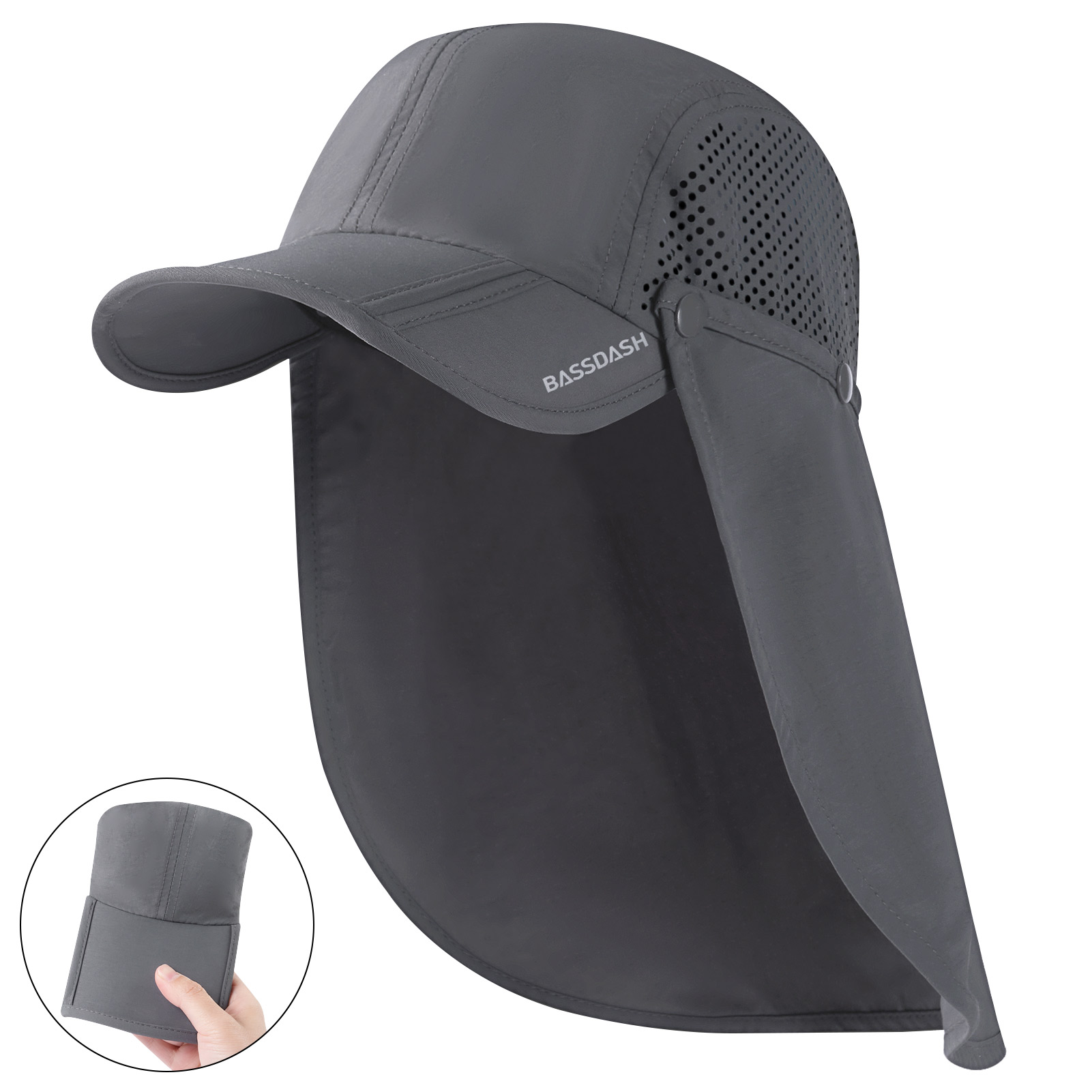 BASSDASH-Chapéu de pesca dobrável com aba removível do pescoço, portátil para homens e mulheres, golfe e caminhada, UPF 50 Plus: Transparente