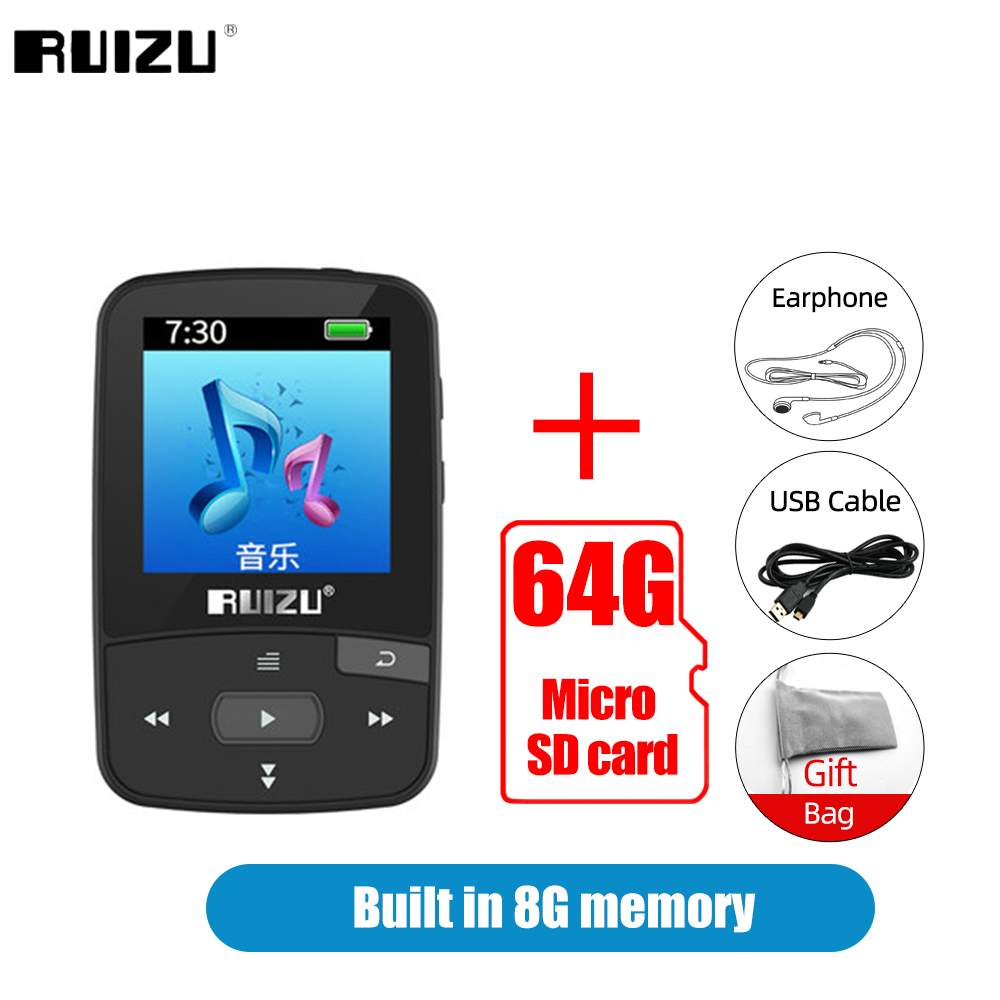 RUIZU X50 Sport lettore MP3 con Bluetooth 8GB Mini Clip Music lettore Audio supporto Radio FM registratore EBook orologio pedometro Video: 8G Bl Add 64G Card