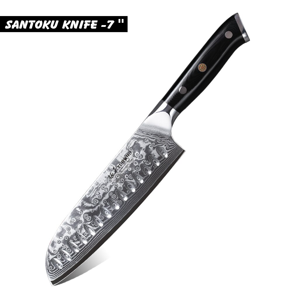 Turwho 7 st köksknivar set japansk damaskus kniv i rostfritt stål klyvkniv nakiri kniv med  g10 handtag: Santokukniv