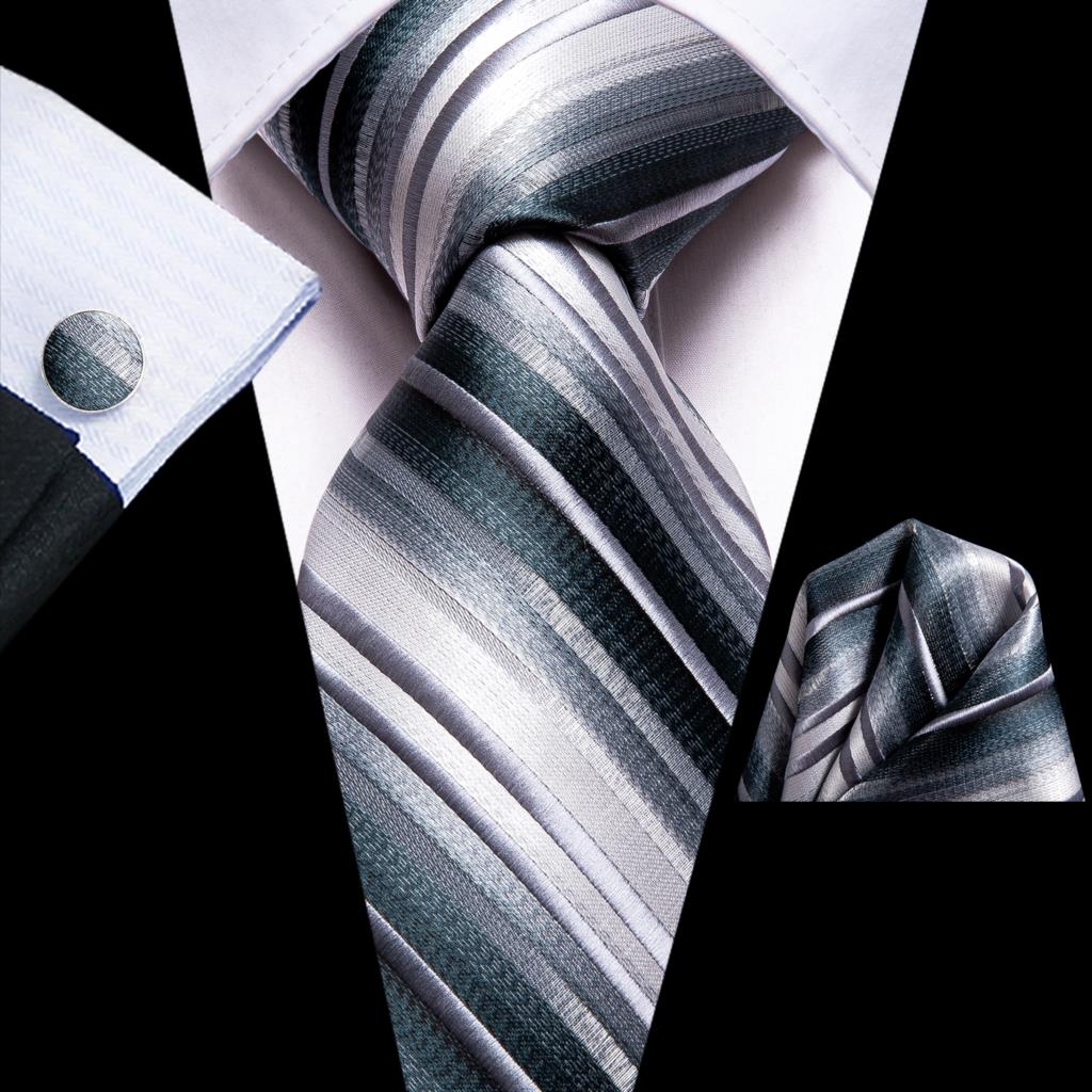 Hi-Tie Silk Wedding Tie For Men Black White Striped Handky Cufflink Necktie For Men Business Party Dropshiping