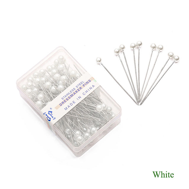 100Pcs/Box Colorful Round Pearl Head Needles Stitch Straight Push Sewing Pins For Dressmaking DIY Sewing Tools Positioning 38cm: White