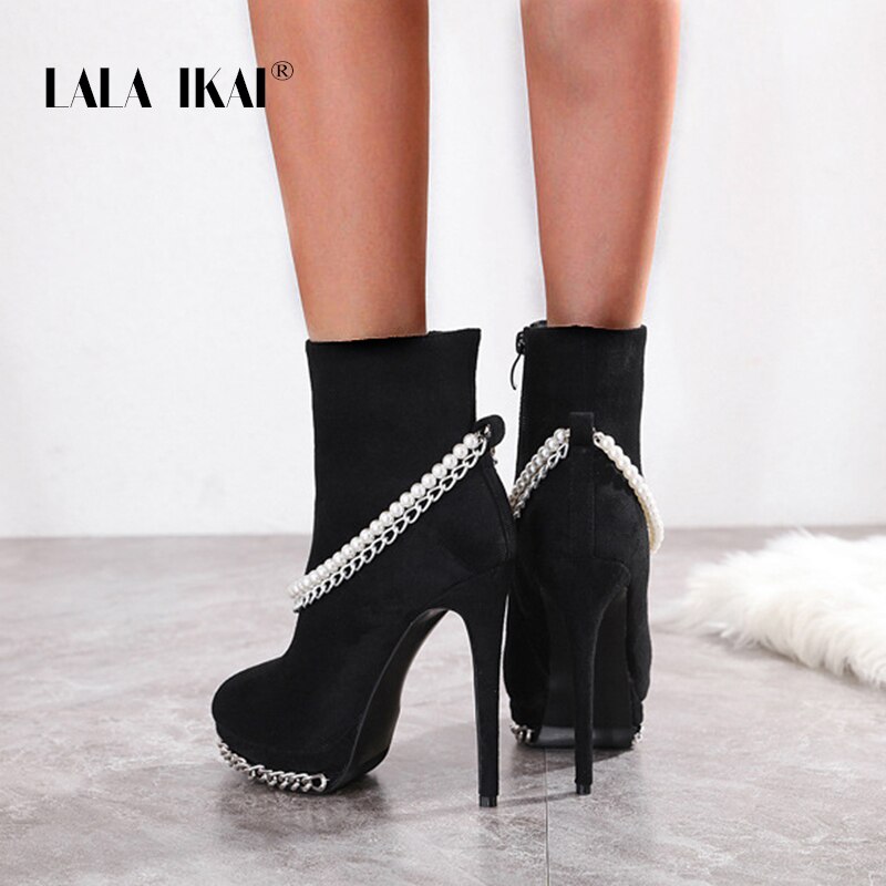 LALA IKAI frauen Stiefeletten Perle Kette Wies Plattform High Heel Boot ZIP Weibliche Herbst Winter Große Größe XWC10393-4